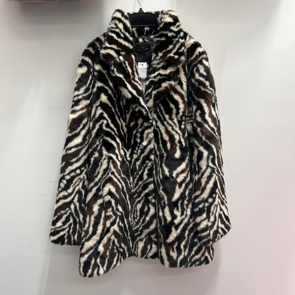 NWT - LOVE TOKEN BLACK BROWN ZEBRA FAUX FUR COAT Lt33105